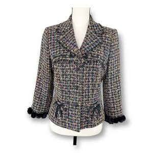 Kay Unger Black Multi Tweed Jacket w/Crystal Buttons, Bow Accents Fur Cuff Sz 10